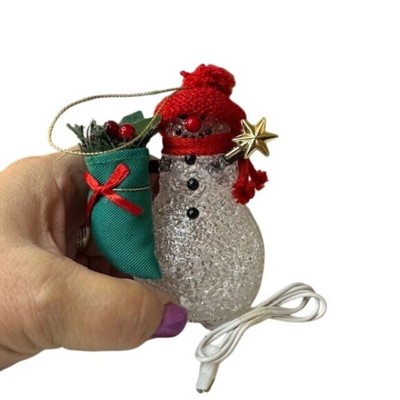 Handcrafted Glass Snowman Christmas Ornament With Red Knit Hat & Green Gift Bag - Picture 1 of 4
